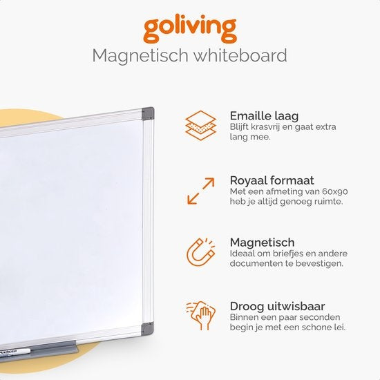 Goliving Whiteboard met Stiften - 60 x 90 cm - Magnetisch bord - Weekplanner - Schoolbord - Emaille Magneetbord