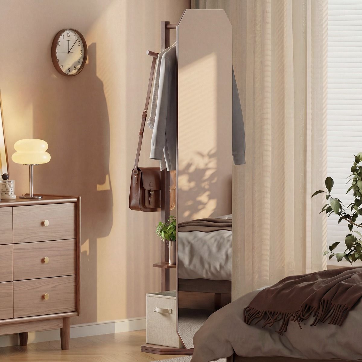Coast Volledige Lichaamsspiegel met Standaard - 3-in-1 Garderobe - 360° Draaibaar - Walnoot