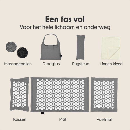 LifeGoods Acupressuur Mat Eco - Complete Set - Kussen / Draagtas / 2x Triggerpoint Bal - Shakti mat - Spijkermat - 72x43x2cm - Grijs/Wit