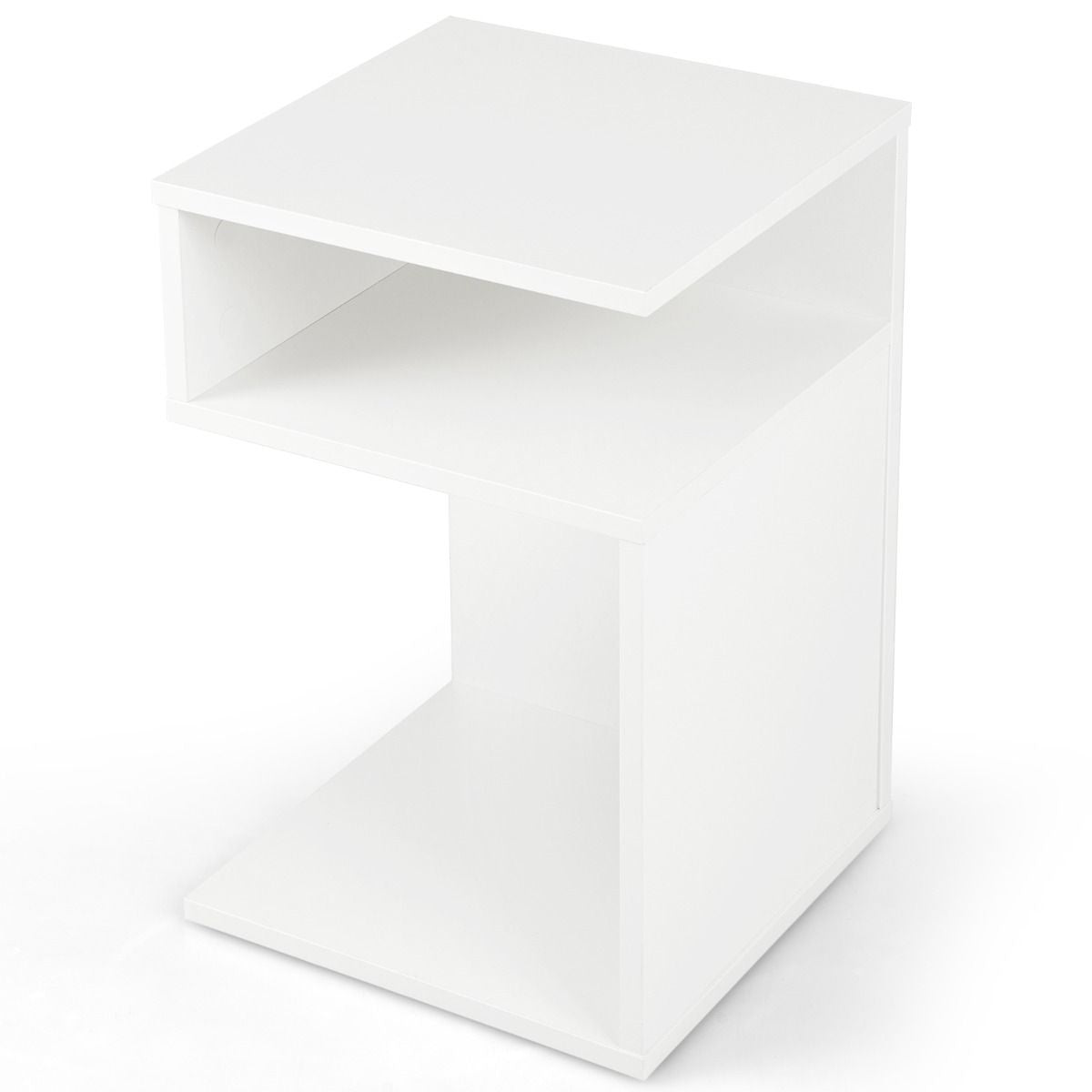 Bijzettafel 'S'-Vormige Woonkamerbank Bijzettafel met 2 Open Kluisjes Kleine Salontafel met Geometrisch Design Wit