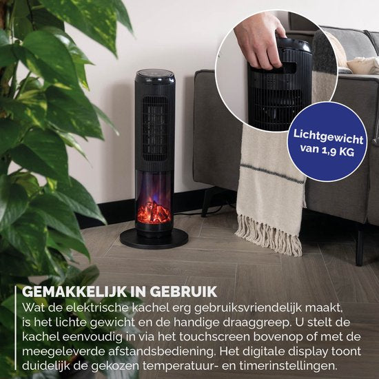 BREND BR-2222 Elektrische Kachel met Sfeerhaard en Thermostaat 18-45 °C – Keramische Ventilatorkachel – Verwarming met Swingfunctie – Timer – Zwart