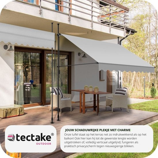 tectake - klemluifel - Zonnescherm – Zonneluifel - Verstelbaar - Klem-zonwering - Zonnescherm Balkon - 250 x 180 cm - lichtgrijs – zonwering - 404961