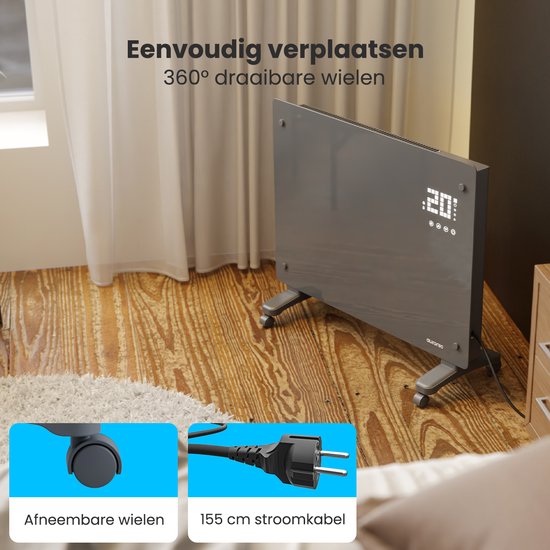 Auronic Elektrische Kachel – Convectorkachel met Thermostaat en Afstandsbediening - Glazen Paneelverwarming - 1500W Heater - Grijs