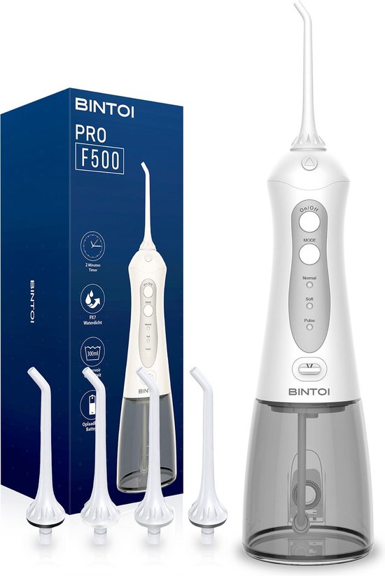 Bintoi® iSonic F500 - Waterflosser - Professionele Monddouche - Flos voor Beugels - Flosapparaten - 3 Standen en 4 Opzetstukjes - IPX7 Waterdicht - Incl. Reistas Cadeau