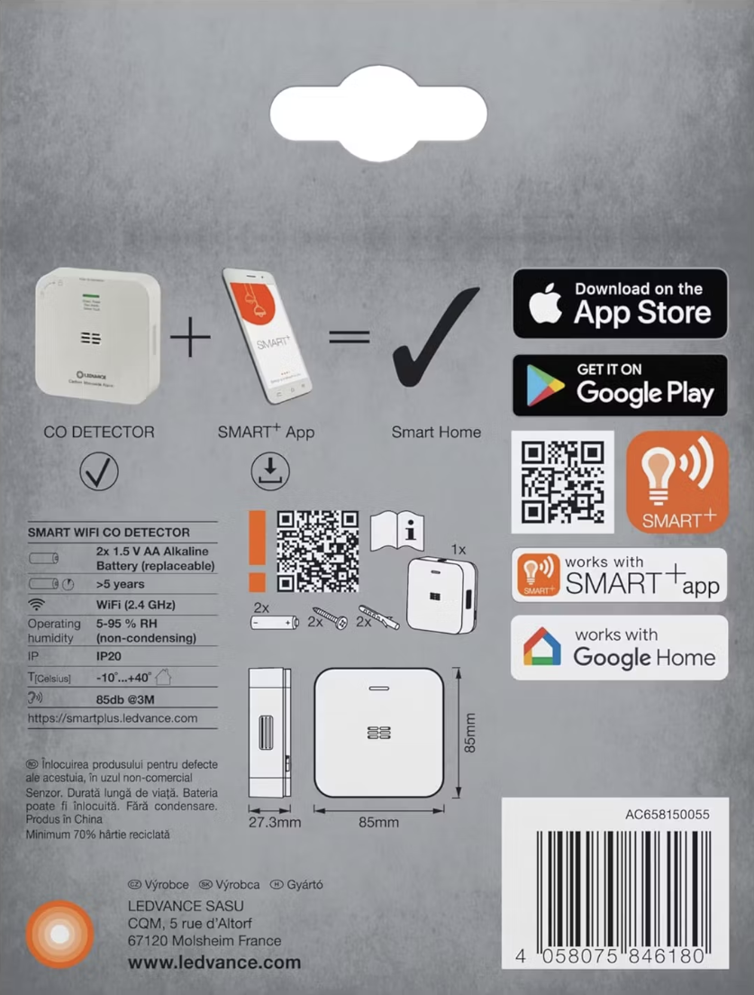 Ledvance Smart+ Wifi koolmonoxidemelder - wit - 85x27x85 mm - compact en slim