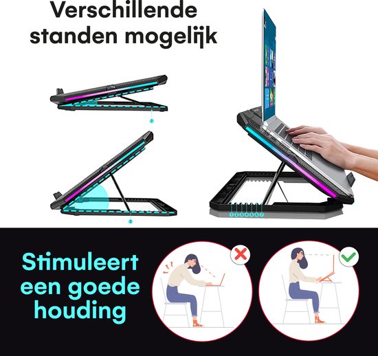 TTD® Premium Laptop Cooler en Verstelbare Laptop Verhoger - Laptop Standaard Verstelbaar - Laptop Steun - Rotatiesnelheden tot boven de 2400 RPM - Gaming Laptop Cooling Pad - Tot 17 Inch - Extra USB-poort - Zwart