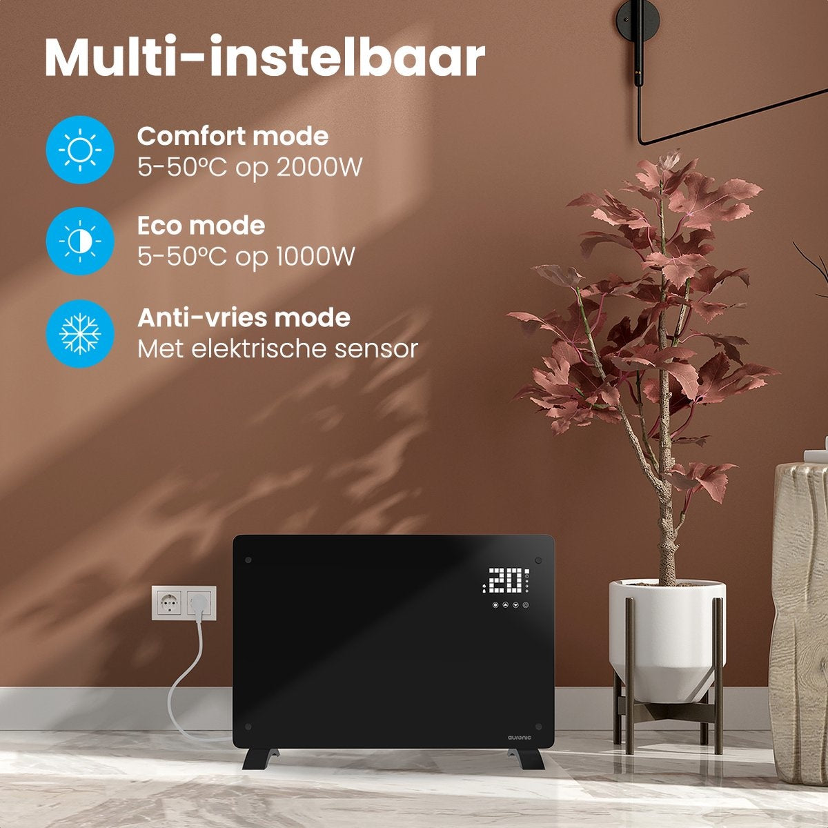 Auronic Elektrische Kachel – Convectorkachel met Thermostaat en Afstandsbediening - Paneelverwarming - tot 22 m2 - 2000W Heater - Zwart