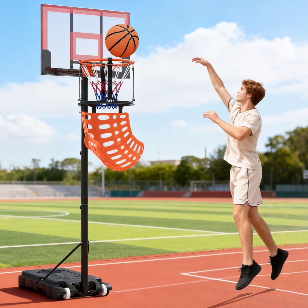 Coast Basketbalrebounder - 360 graden draaibaar - Verstelbare balterugslag - Zwart en oranje