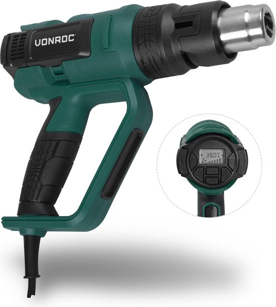 VONROC PRO Heteluchtpistool – 2000W – LCD-display – 650°C – 500L/min – Incl. accessoires
