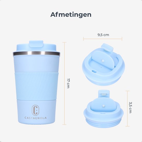 Castagnola Thermosbeker - Koffiebeker To Go - Travel Mug voor Koffie en Thee - Theebeker - 380 ML - RVS - Lichtblauw