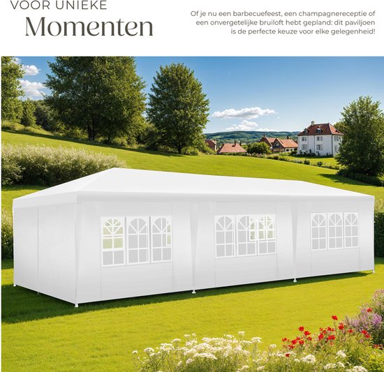 tectake® Paviljoen Miramas - Partytent 9x3 m - Wit - 8 verwijderbare Zijpanelen - UV en Waterbestendige Tuinpaviljoen - Inclusief Spanlijnen en Haringen - Overkapping