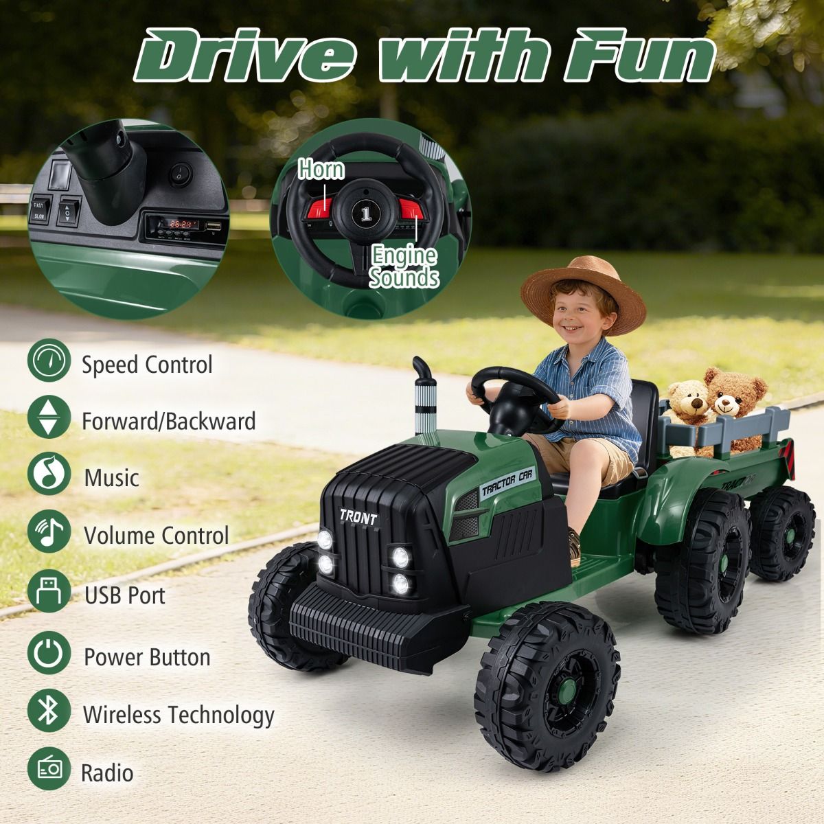 Coast Elektrische Kindertractor met Aanhanger - Dubbele motor - Afstandsbediening - Donkergroen