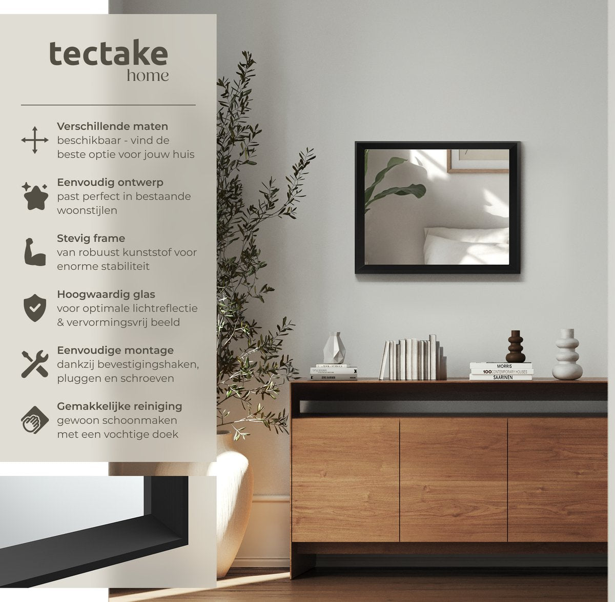 tectake® Wandspiegel Elina - 40,6 x 50,8 cm - Zwart - Rechthoekig Kunststoflijst