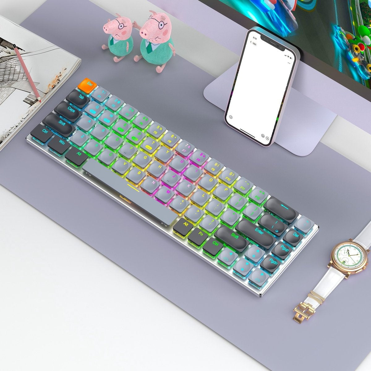 XINMENG RF-68MINI Draadloos Mechanisch Toetsenbord - 68Keys - Bluetooth/2.4G/Line 3modes - Low Blue Switch - RGB LIGHT - Windows/Mac - QWERTY - Lichtgewicht en draagbaar