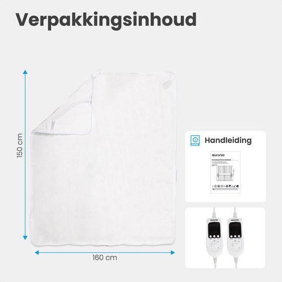 Auronic Elektrische 2-Persoons Onderdeken – Instelbare Voetzone, 9 Warmtestanden, 120W – 160 x 150 cm – Wit