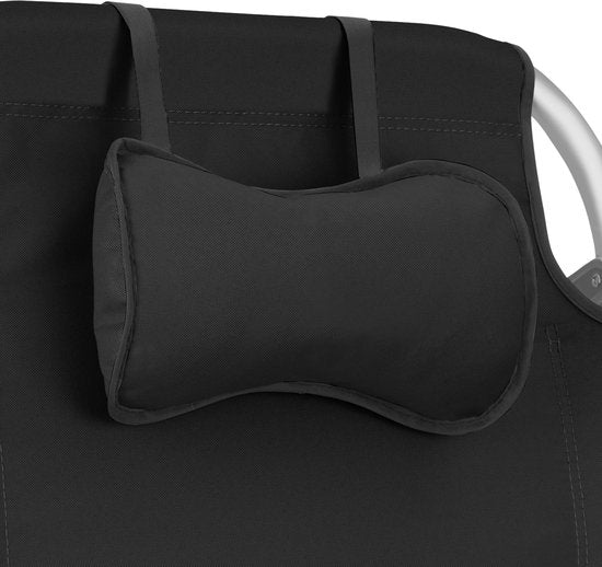 tectake® Strandstoel Coral - Opvouwbare Campingstoel met Koeltas en Opbergtas - 5-voudig Verstelbare Rugleuning met Hoofdkussen - Brede Armleuningen met Bekerhouder / Telefoonhouder - Inklapbare Kampeerstoel - Zwart