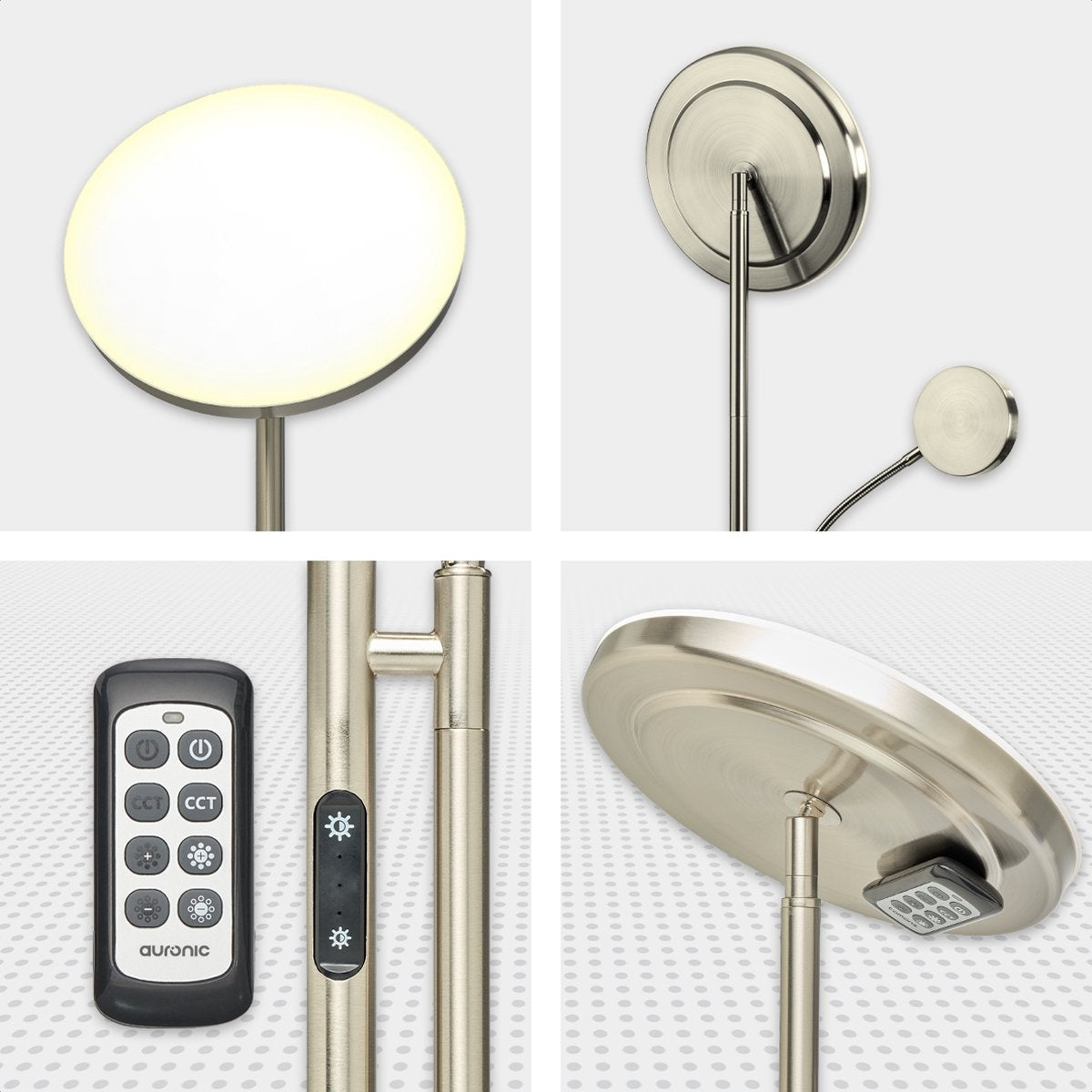 Auronic Vloerlamp - Staande Lamp Industrieel - 181cm - LED - Dimbaar en Kantelbaar - met Afstandsbediening - Geschikt voor Woonkamer - Zilver