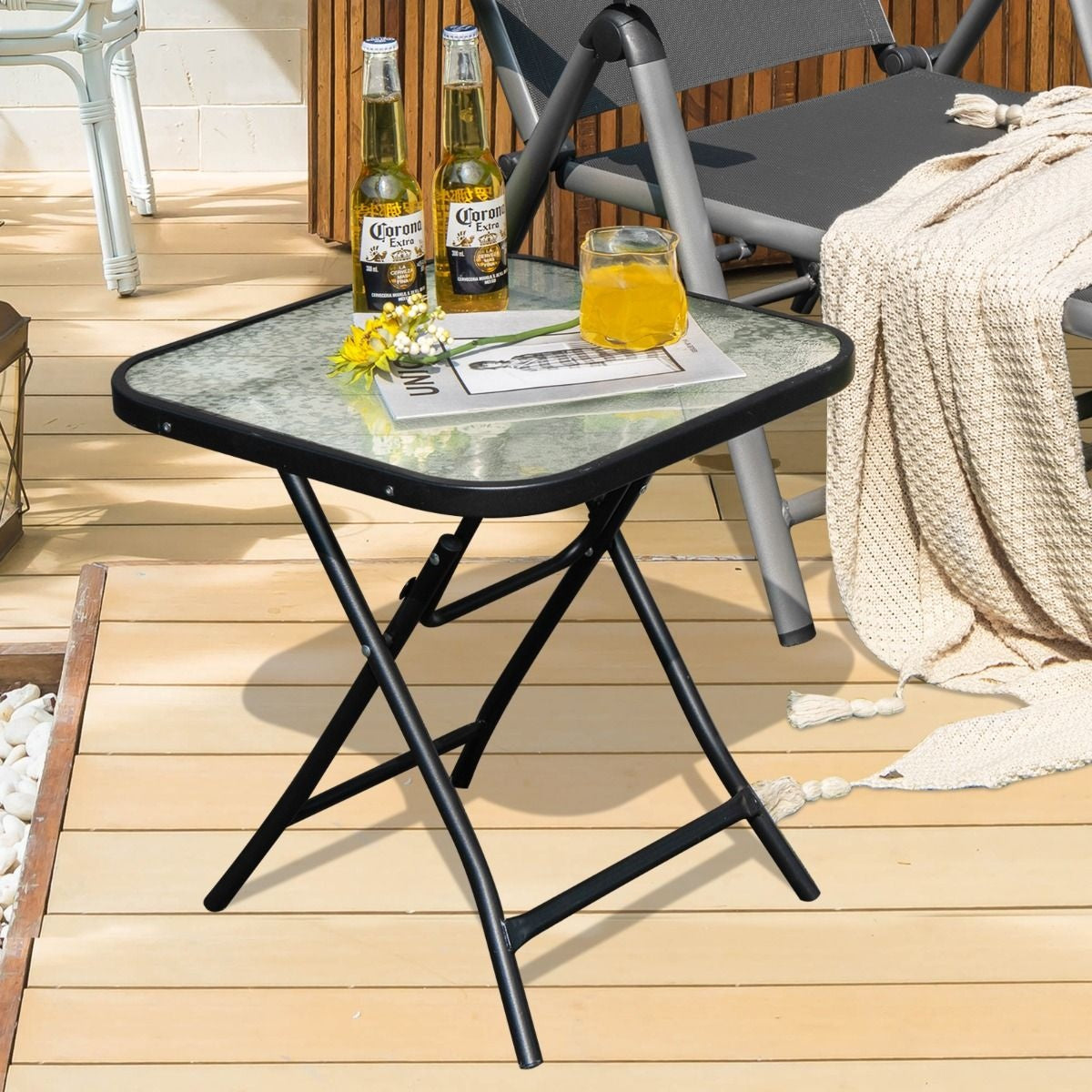 Coast Terrace bijzettafel vierkante glazen tafel met roestvrij frame opvouwbare salontafel zwart