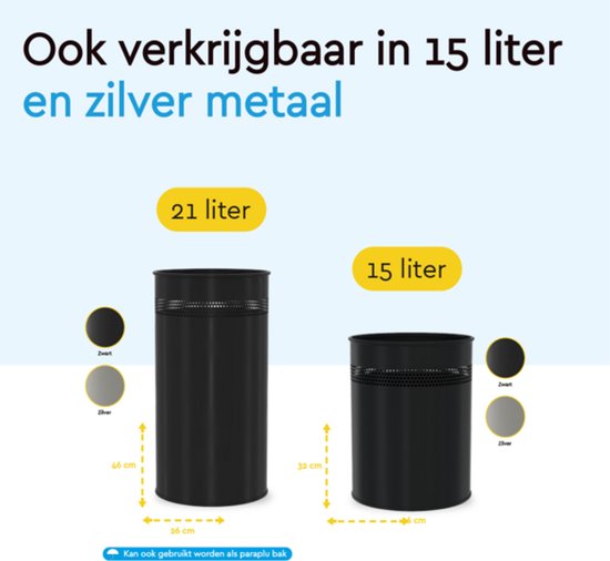 BRASQ Prullenbak Metaal Kantoor/ Thuisgebruik - Vuilnisbak - Afvalemmer - Papierbak - Rond - Prullenbakken - Zilver 21 liter