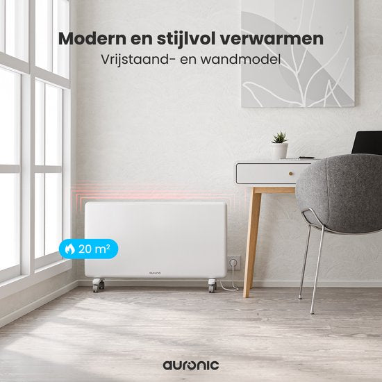 Auronic Convectorkachel - 2000W - Elektrische Kachel - 3 Standen - Metalen Paneelverwarming - Vrijstaand - Wielen - Wit