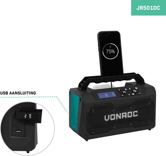 VONROC Accu bouwradio 20V - FM, bluetooth & USB - Bass-reflex poort speakers - Zonder accu en snellader