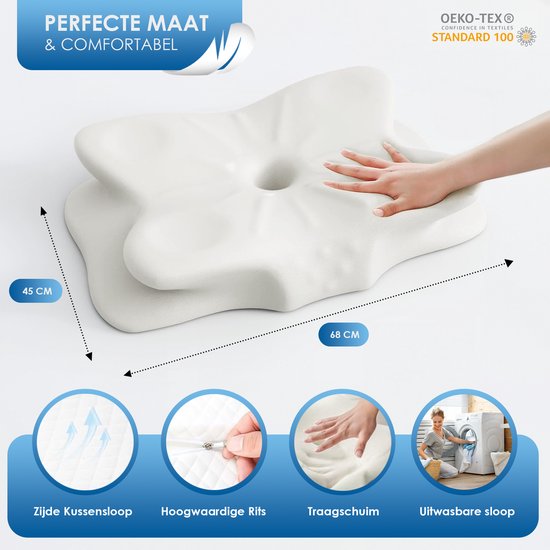Maqi Living® Hoofdkussen Memory Foam voor Nekklachten – Orthopedisch & Ergonomisch kussen - Geschikt voor rug-, zij- en buikslapers - Traagschuim - Grijs/wit