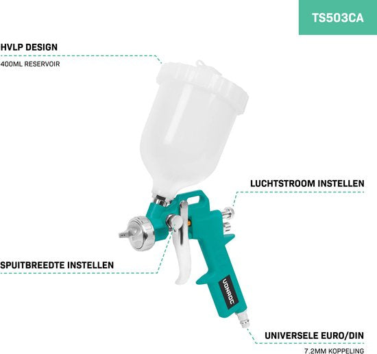 VONROC Luchtgereedschapset - 4-delig - Bandenpomp, luchtpistool, verfspuit en 5m spiraalslang - Universele EURO/DIN 7.2mm koppeling