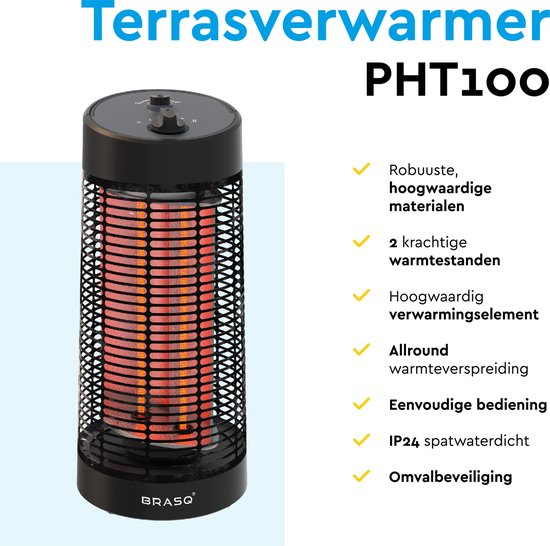 BRASQ Elektrische Terrasverwarmer staand – Tafelmodel - 1200 watt - 2 Warmtestanden – met Zwenkfunctie - Infrarood Heater – Spatwaterdicht - Verwarming Voor Binnen en Buiten - Zwart