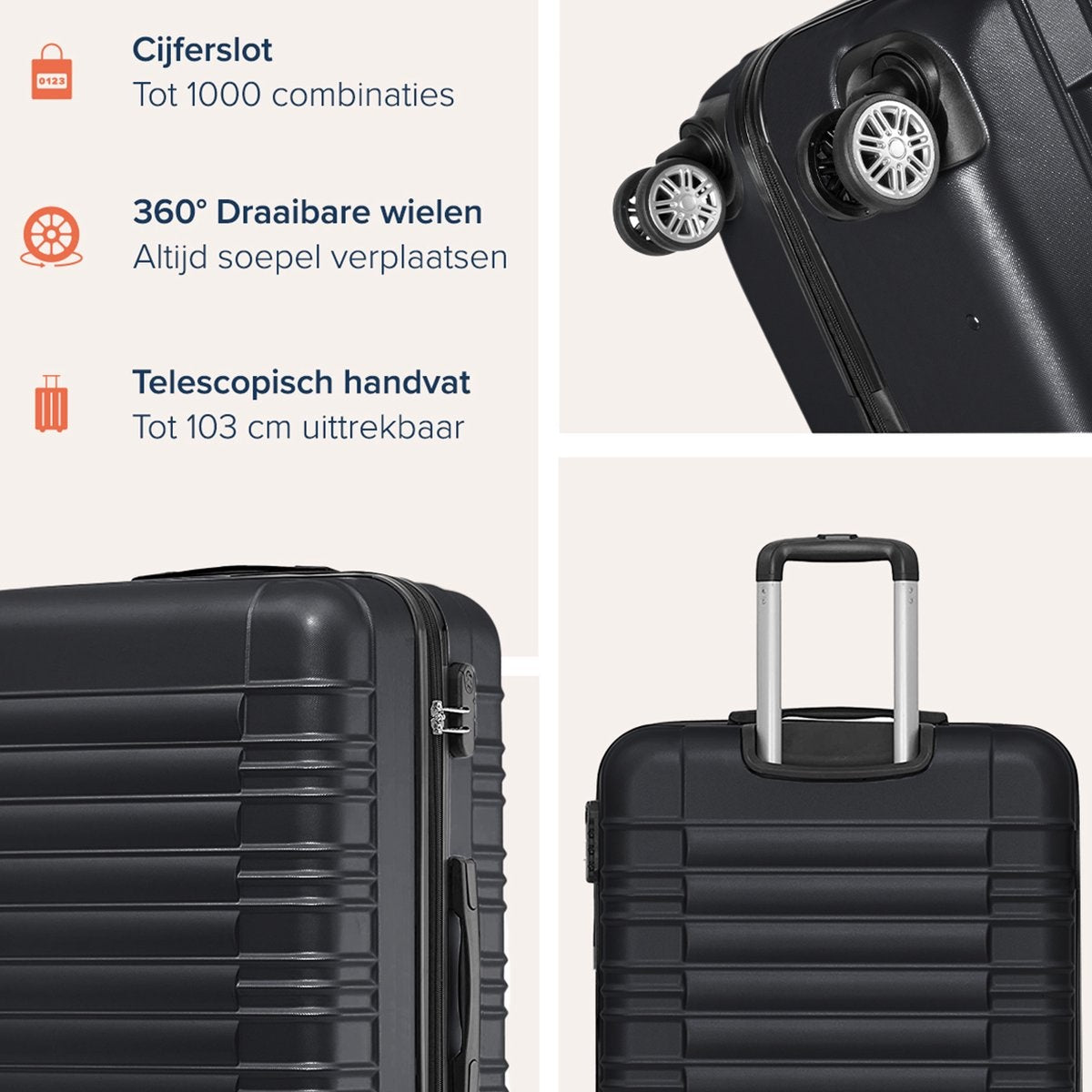 TRVLMORE Set van 3 Koffers – Incl. Cijferslot – 38L + 70L + 110L – Zwart