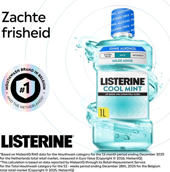 Listerine Cool Mint Mild Mondspoeling, Met Essentiële Oliën, Tegen Slechte Adem en Tandplak, Mild Muntsmaak, 1 L