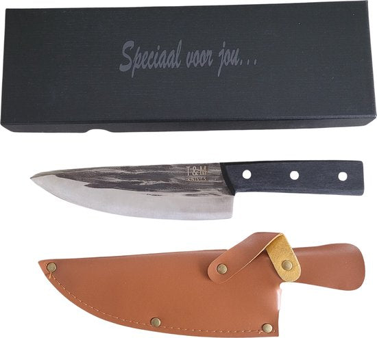 T&M Knives Premium Koksmes Torgnys - 30cm Keukenmes Geschaafd En Gehamerd Staal - Inclusief Cadeaubox en Beschermhoes