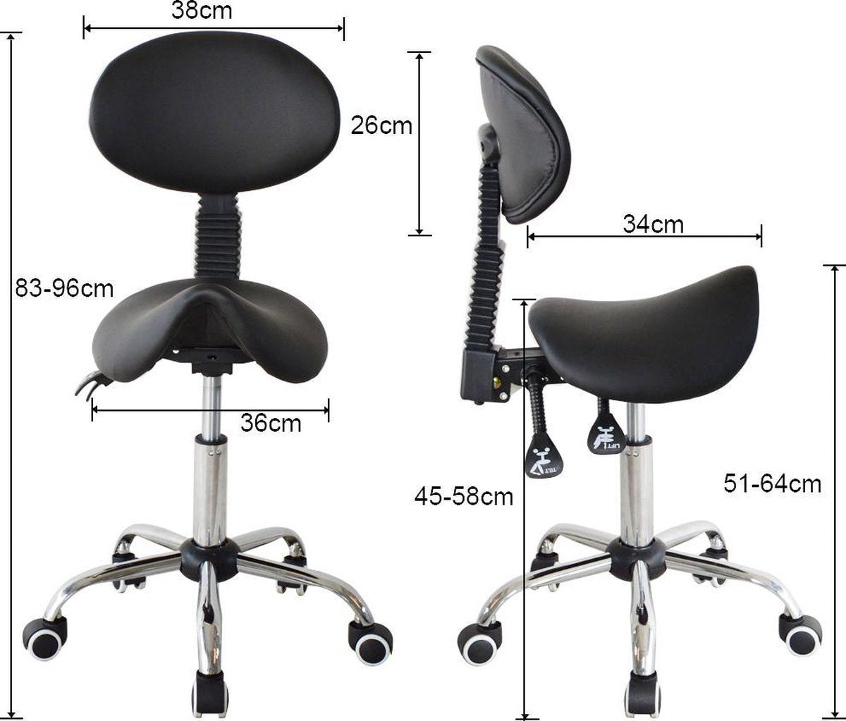 VDD Zadelkruk - Ergonomisch kantelbare rugleuning - Hoogte verstelbaar - 38x36x96cm