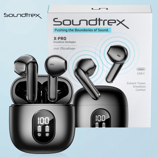 Soundtrex X-Pro Draadloze oordopjes - Bluetooth Oordopjes - Oortjes draadloos - Earpods - LED Display - Bluetooth 5.3 - Zwart