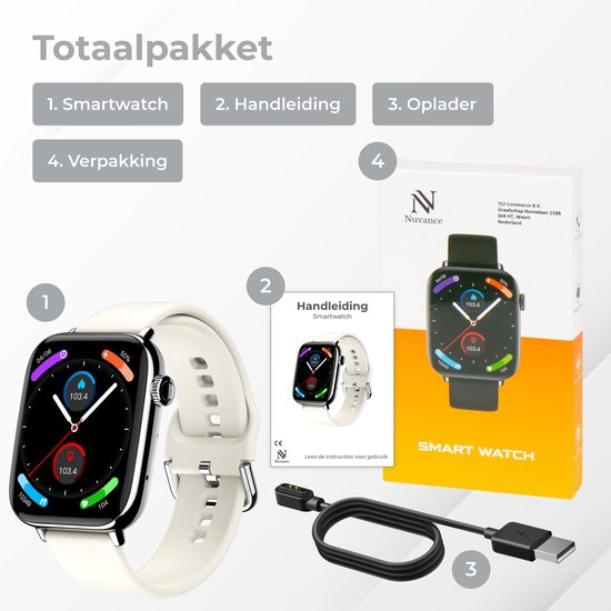 Nuvance - Smartwatch Heren & Dames met Bluetooth - IP68 Waterdicht - Geschikt voor alle Smartphones - Stappenteller en Hartslagmeter - Zilver