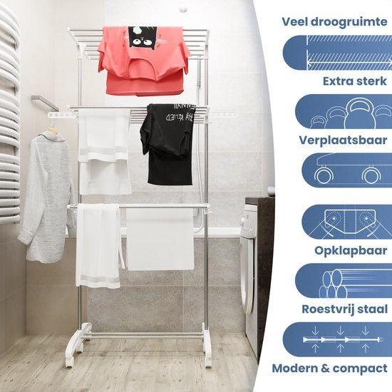 Avalo Droogrek - Droogtoren Met Wieltjes - 4 Niveaus - Inklapbaar - Wit