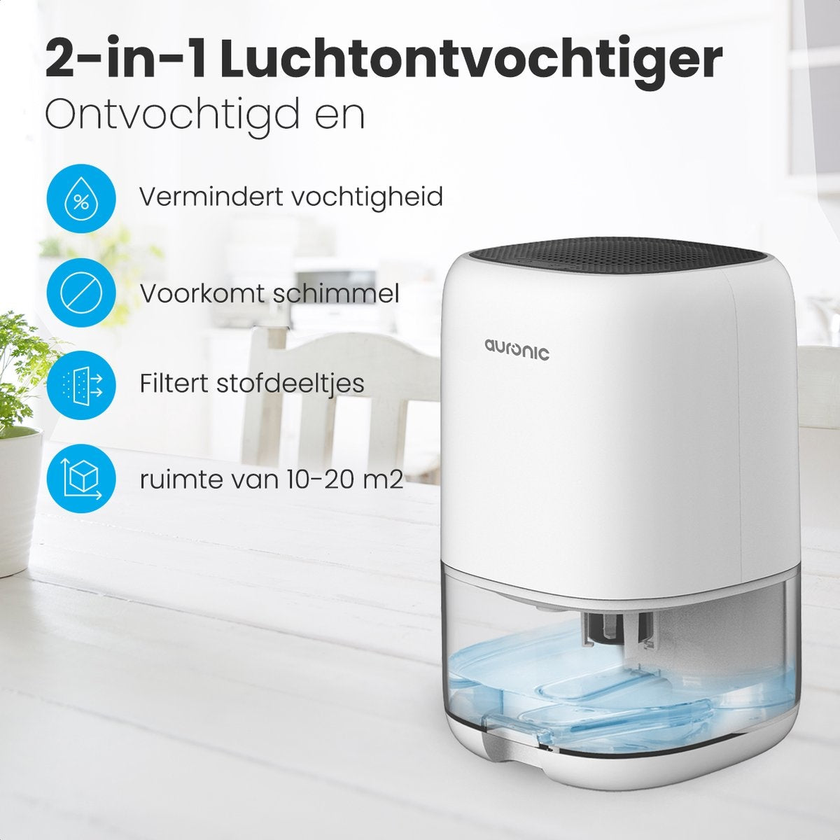 Auronic Luchtontvochtiger – 450 ml/dag – 1000 ml Reservoir – Tot 20 m² – 25,6 x 15 x 15 cm – Wit
