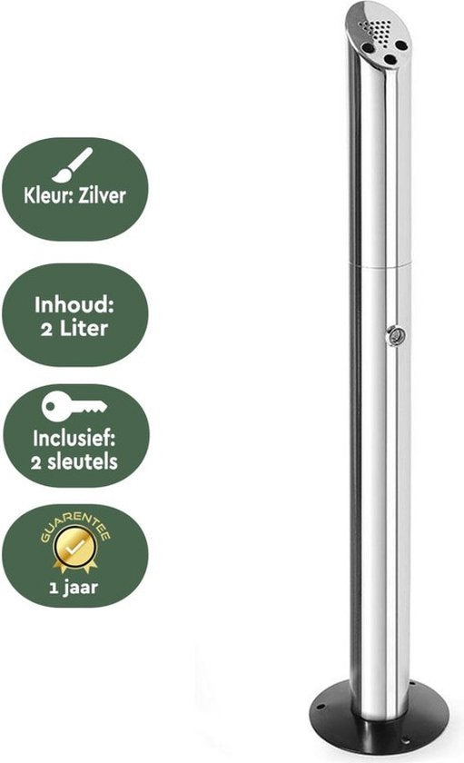 BRASQ RVS Asbak Staand met 2 liter inhoud Rookpaal Peukenzuil - 21x21x92 cm - Staande asbak voor Binnen en Buiten
