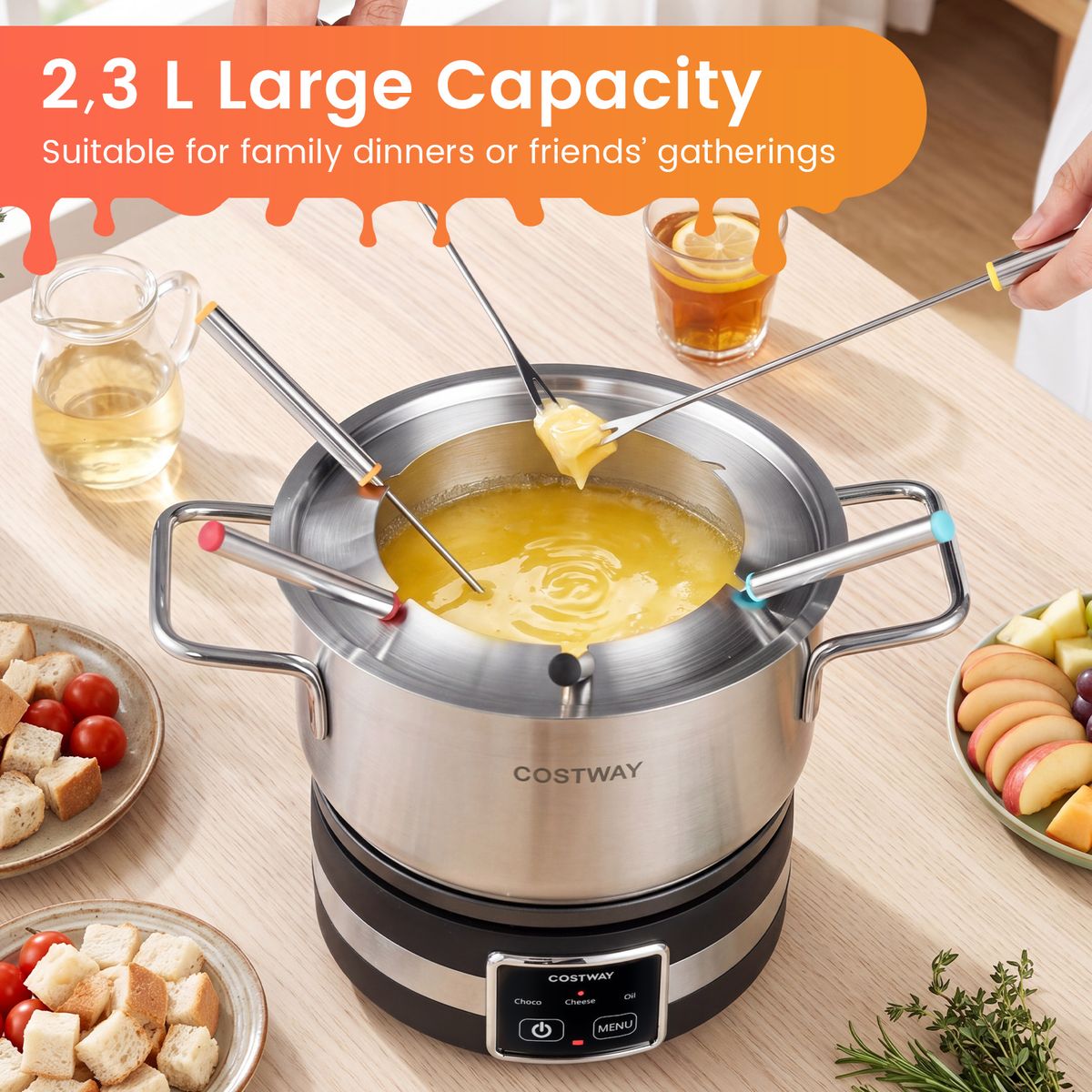 Coast Elektrische Fondueset - 1200 W - Temperatuurregelaar - Afneembare roestvrijstalen pan - Zilver en zwart