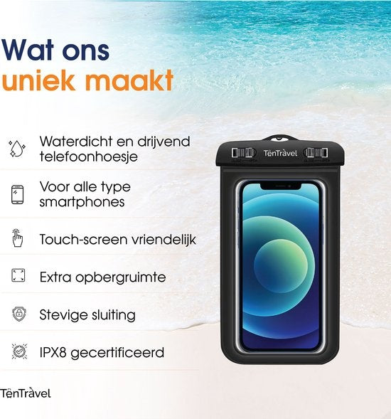 TenTravel Waterdicht Telefoonhoesje - 1 Stuk - Onderwater Hoesje Telefoon - Drijvend Telefoonzakje - Geschikt Voor Alle Smartphones - Met Nekkoord