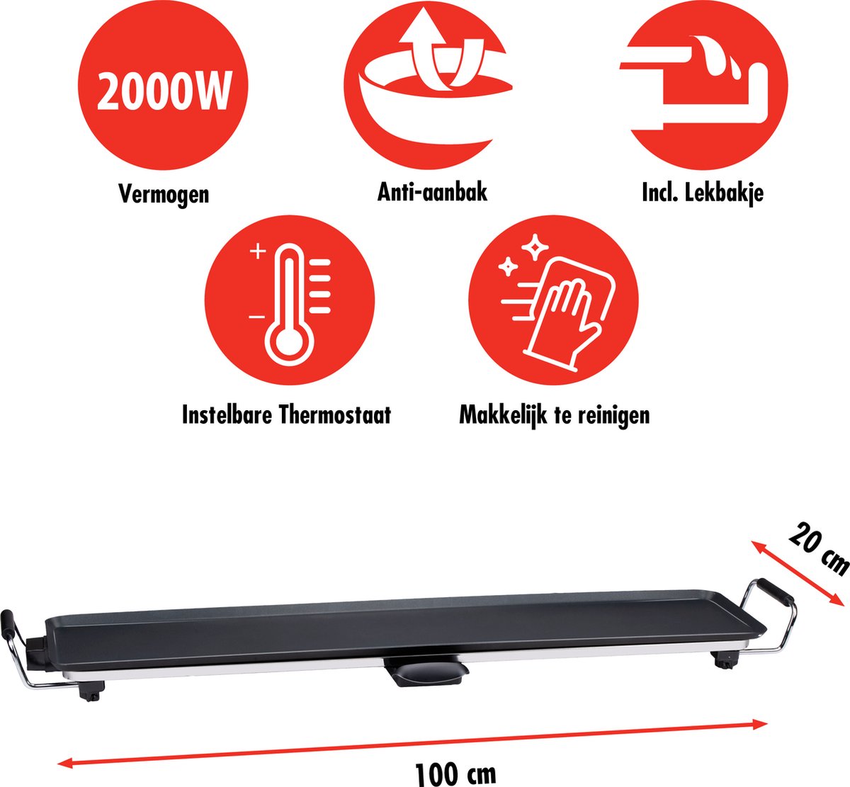 alpina Teppanyaki Bakplaat XXL - Bakplaat - 100x20cm - 2000W - Regelbare Thermostaat - Anti-Aanbaklaag - Zwart