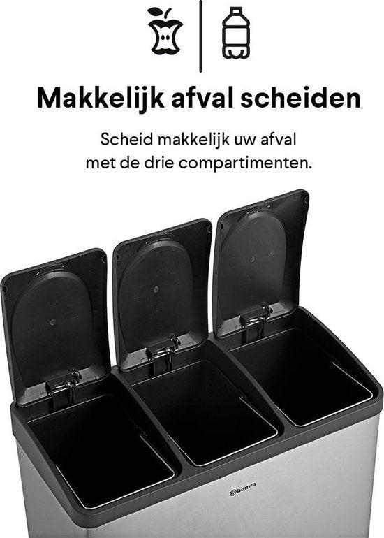 Homra Stephs Prullenbak Afvalscheiding 45 Liter - RVS Prullenbak 3 vakken - Trio Prullenbak 3 X 15 Liter - Pedaalemmer - Vuilnisbak voor huishouden en kantoor - Recycle Vuilbak keuken Afvalemmer - Afvalscheidingsprullenbakken