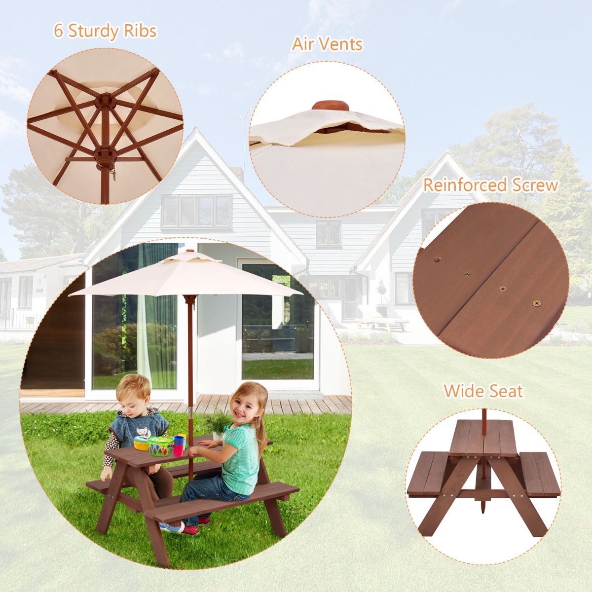 Coast Kinderpicknicktafel - 3-in-1 buitentafel met afneembare paraplu - houten banken - walnootkleur