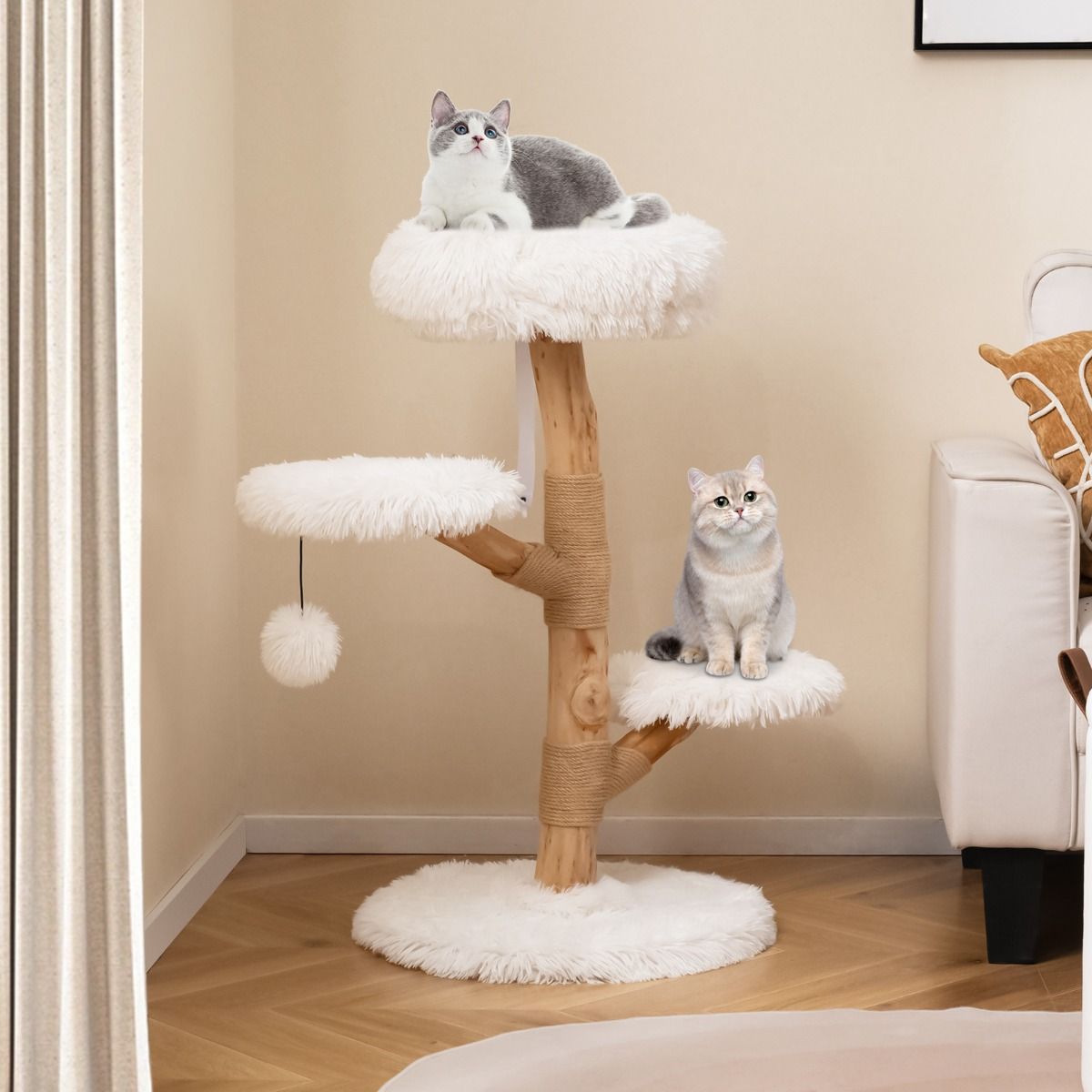 Coast Krabpaal Massief Perenhout 90 cm - Kattentoren met Zitstok - Wit