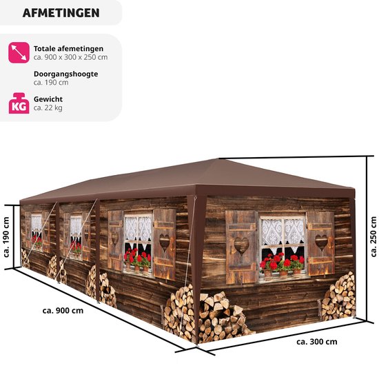 tectake® Tuin- of festivalpaviljoen - Feesttent - Almhut-design - Met 6 zijpanelen - Eenvoudig op te zetten partytent voor terras - Evenemententent - 3x9 m