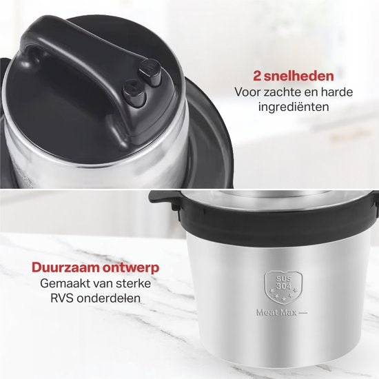 AoraKitchen Hakmolen - 5 Liter - 2 Snelheden - Chopper - 2000W - Elektrisch - 4 RVS Messen