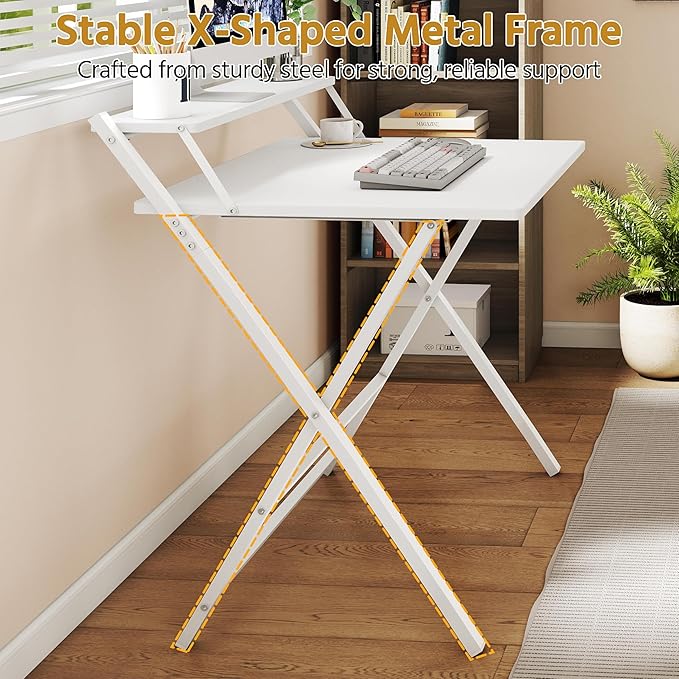 Yaheetech Opvouwbaar Bureau 80 x 50 cm - Wit - Computertafel met Monitorverhoger en Opbergplank