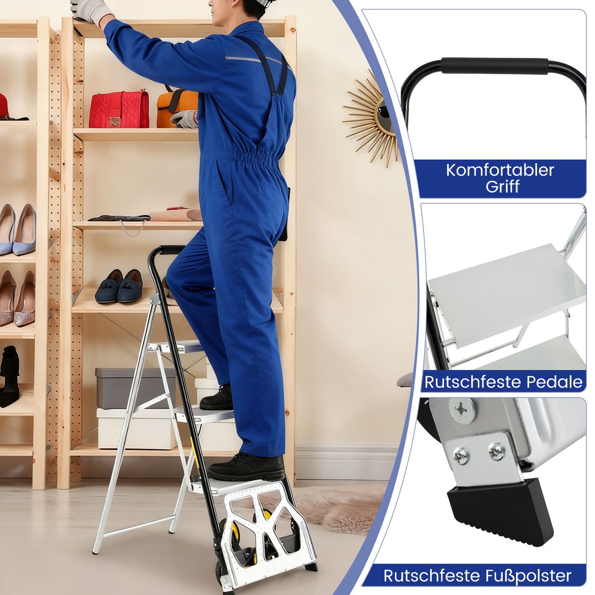 Coast Opvouwbare 2-in-1 Transportkar en Drie-treden Trap - aluminium - zware belasting - zilver/zwart