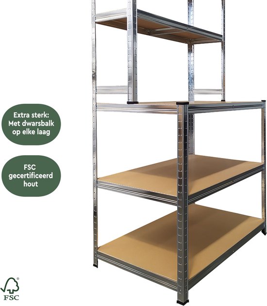 BRASQ Robuuste Werkbank RVS - Werktafel met 5 MDF-Planken - 120x60x180cm - Draagkracht Max. 550 KG