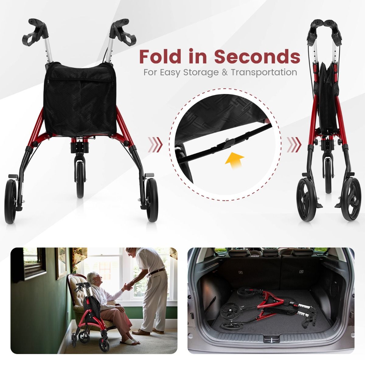 coast Loopwagen voor Senioren – Opvouwbare Rollator Rood – Aluminium Frame – 78x67,5x86–96 cm – 20 cm Wielen
