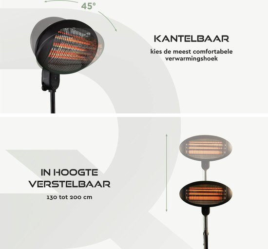 BRASQ Elektrische Terrasverwarmer Staand PHS100 - Heater 2000W - 3 warmtestanden - Verstelbaar - Spatwaterdicht - Voor binnen en buiten- Zwart